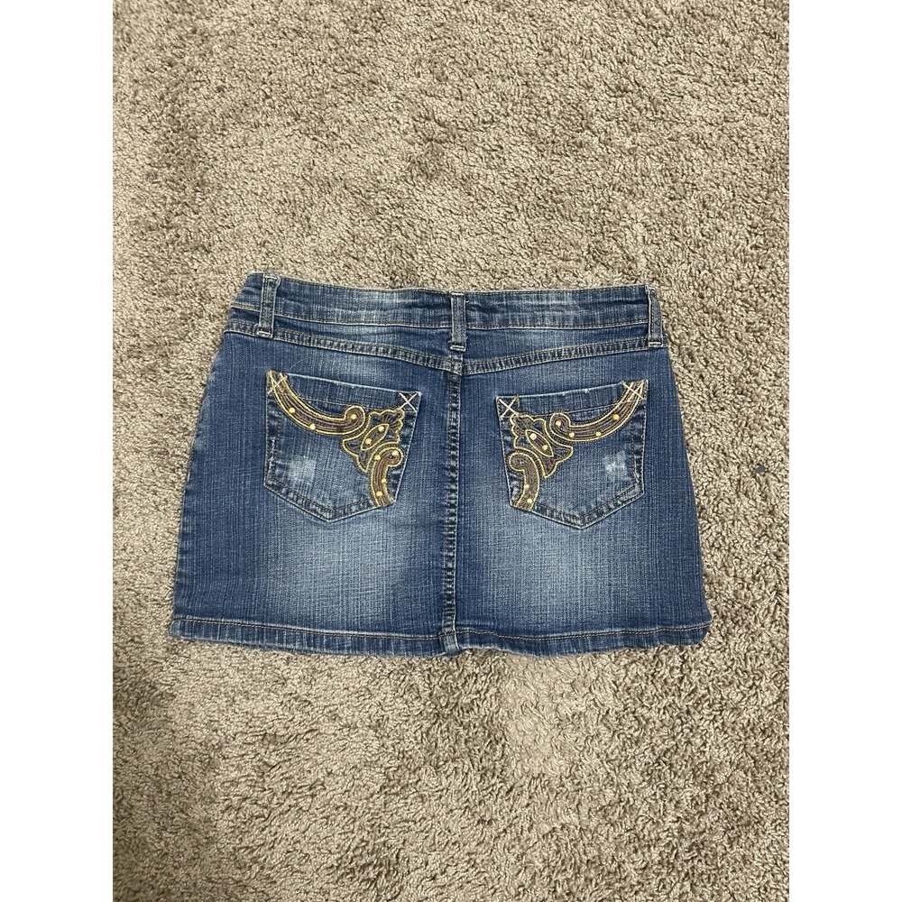 Southpole‎ Denim Skirt Womens 7 Blue Mini Embroidered Pockets Streetwear VTG Y2K